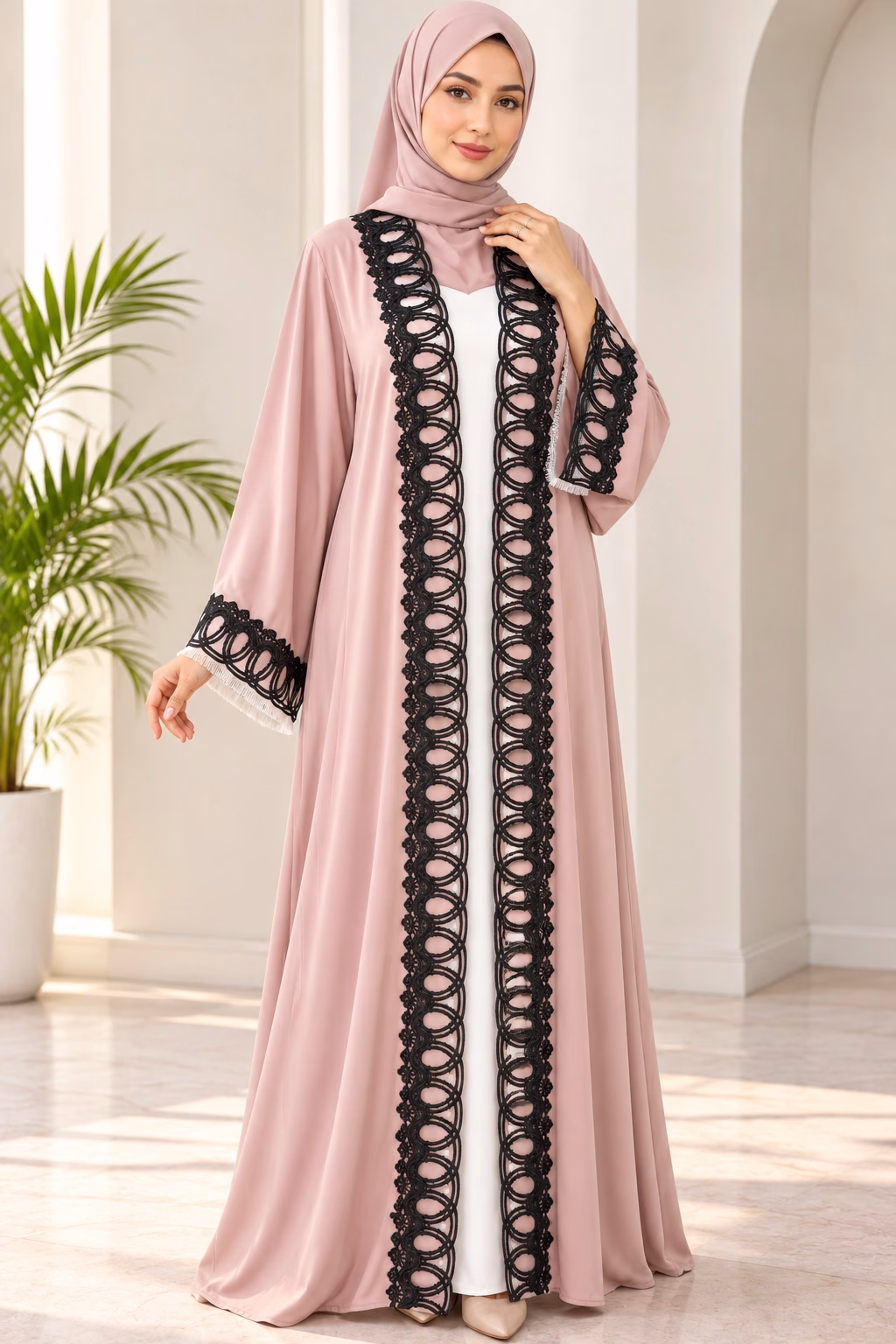 Dusty Pink Abaya with Black Lace Trim WA764 - Image 1