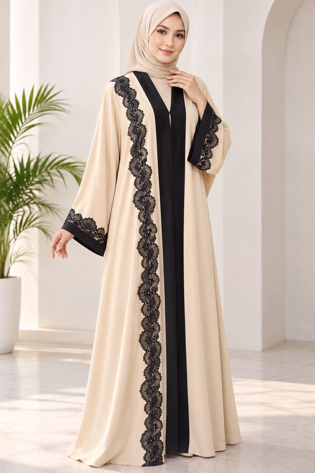 Elegant Cream Abaya with Black Lace WA770 - Image 1